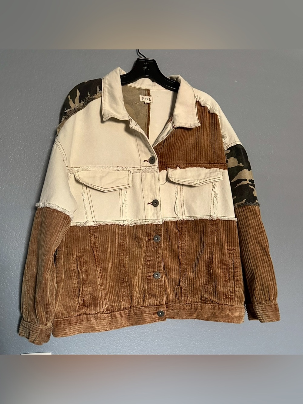 POL  CORDUROY DENIM JACKET CAMOUFLAGE CAMMO PATCHES